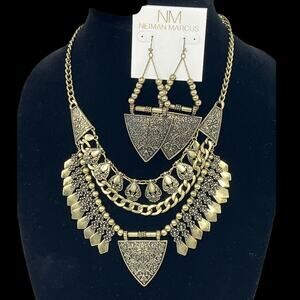 Neiman Marcus Antique Gold Statement Necklace & Earrings Set NWOT / NWT